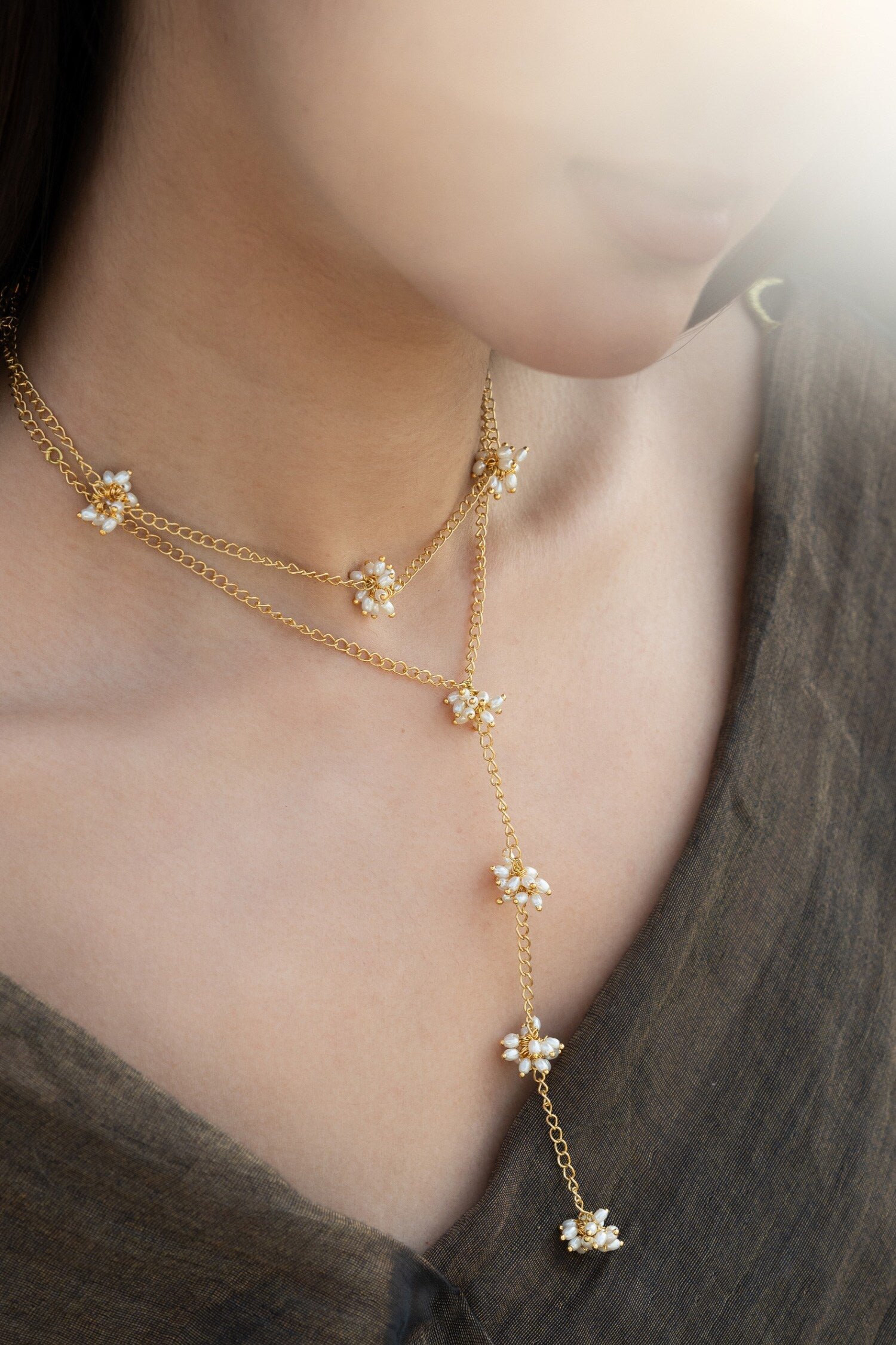 Shell Pearl Layered Lariat Necklace 