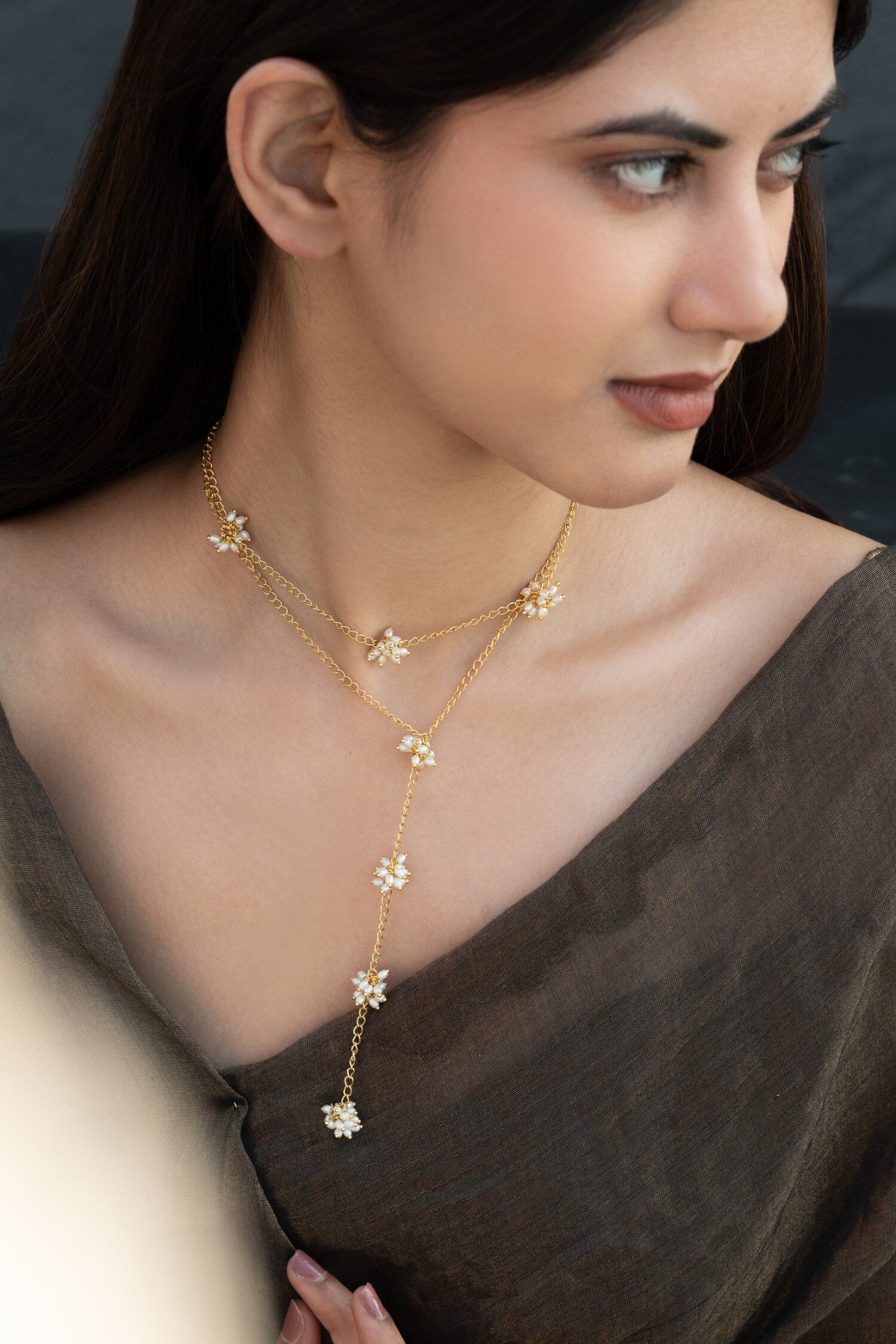 Shell Pearl Layered Lariat Necklace 