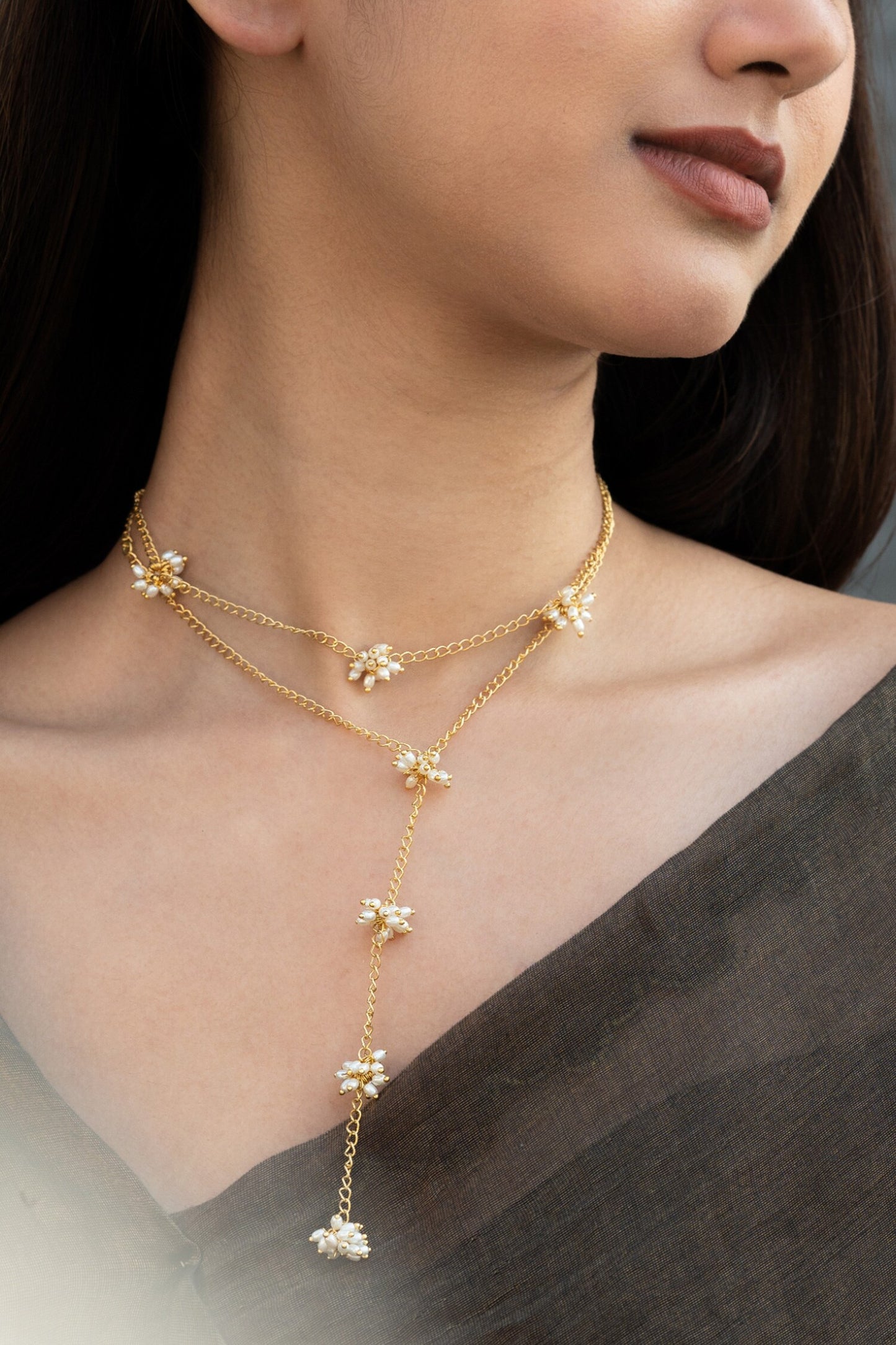 Shell Pearl Layered Lariat Necklace 
