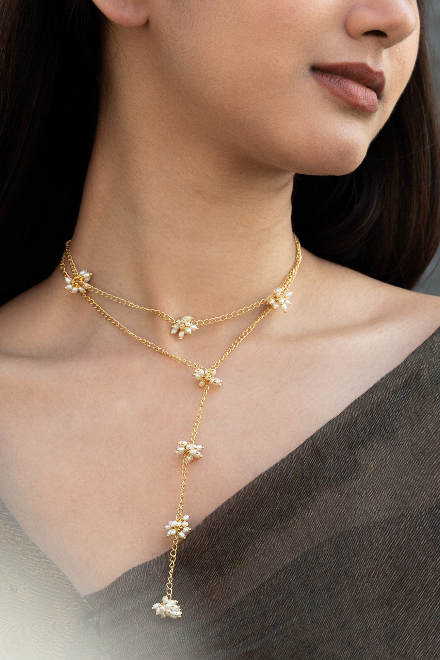 Shell Pearl Layered Lariat Necklace 