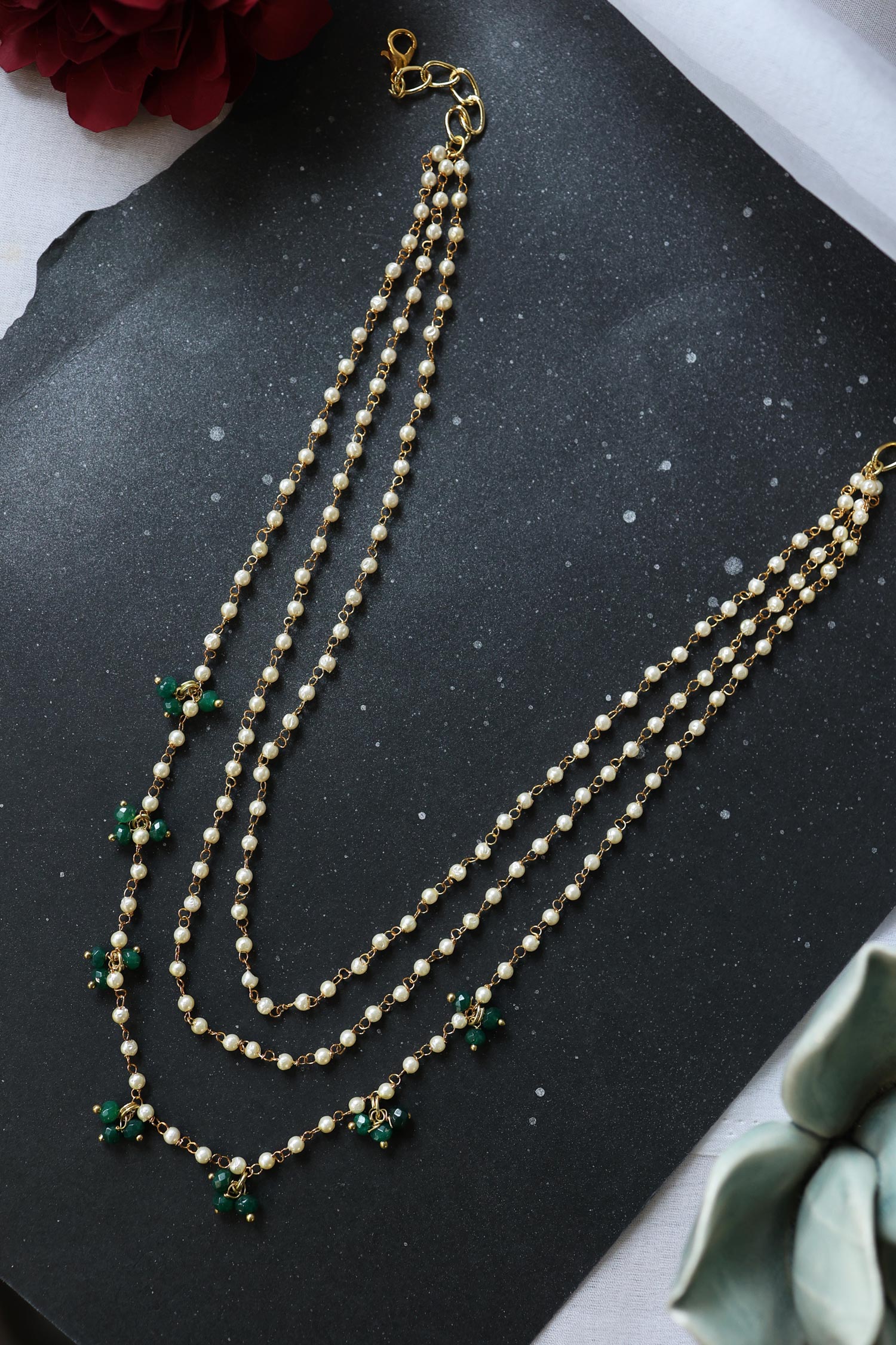 Shell Pearl & Onyx Embellished Layered Necklace 