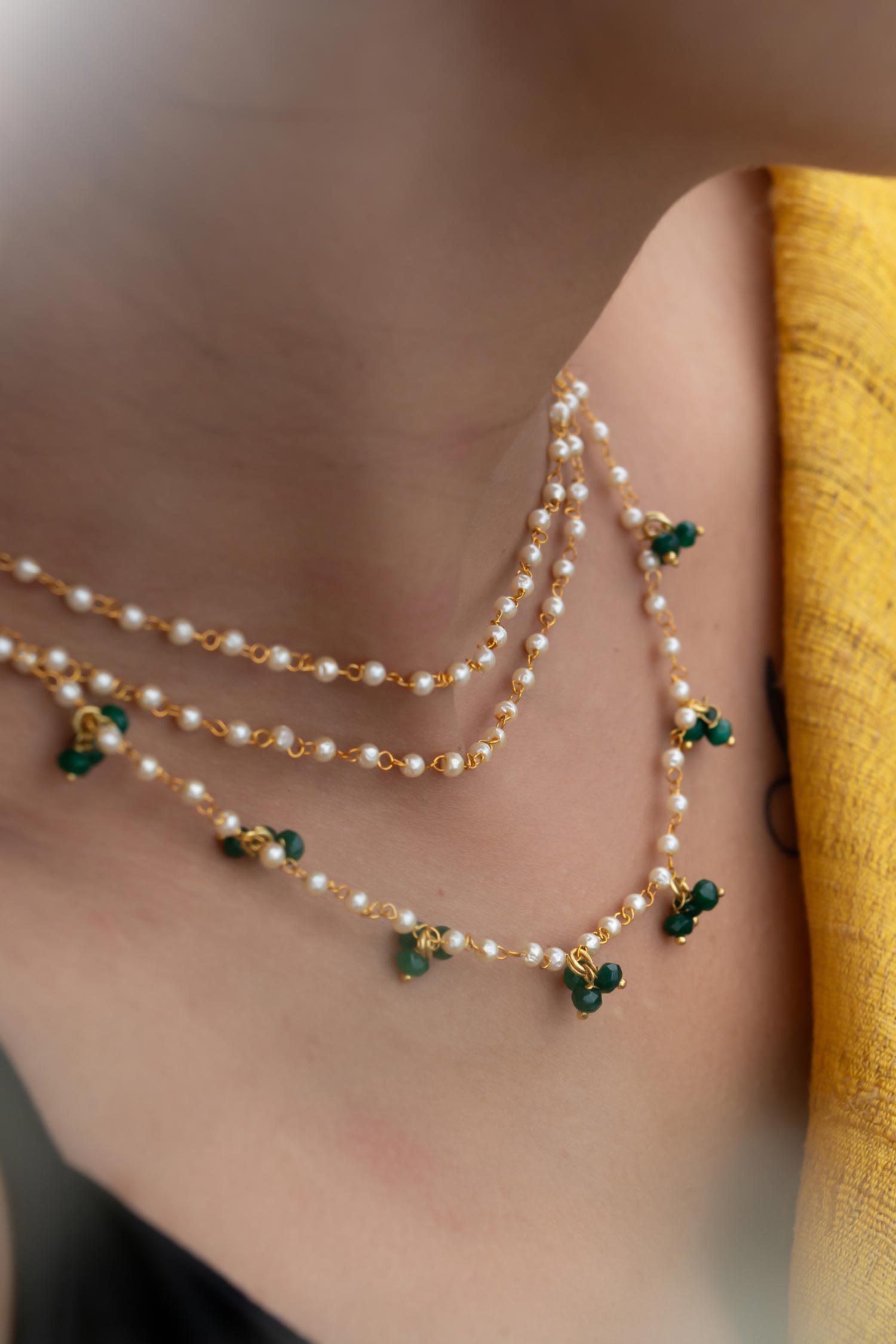 Shell Pearl & Onyx Embellished Layered Necklace 