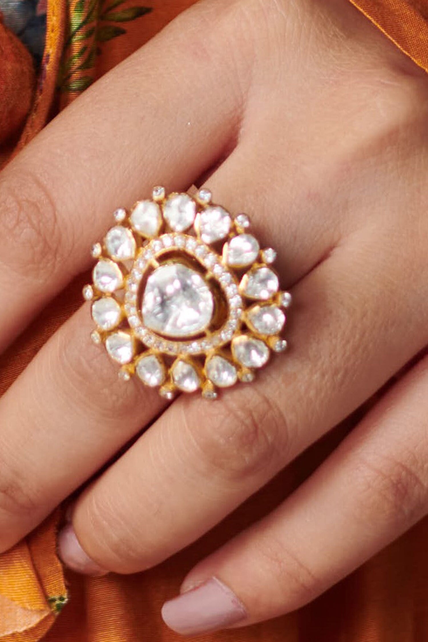 Moissanite Polki Embellished Triangular Motif Ring 
