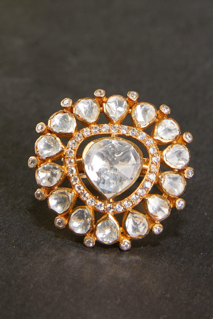 Moissanite Polki Embellished Triangular Motif Ring 