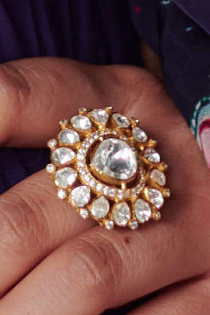 Moissanite Polki Embellished Triangular Motif Ring 