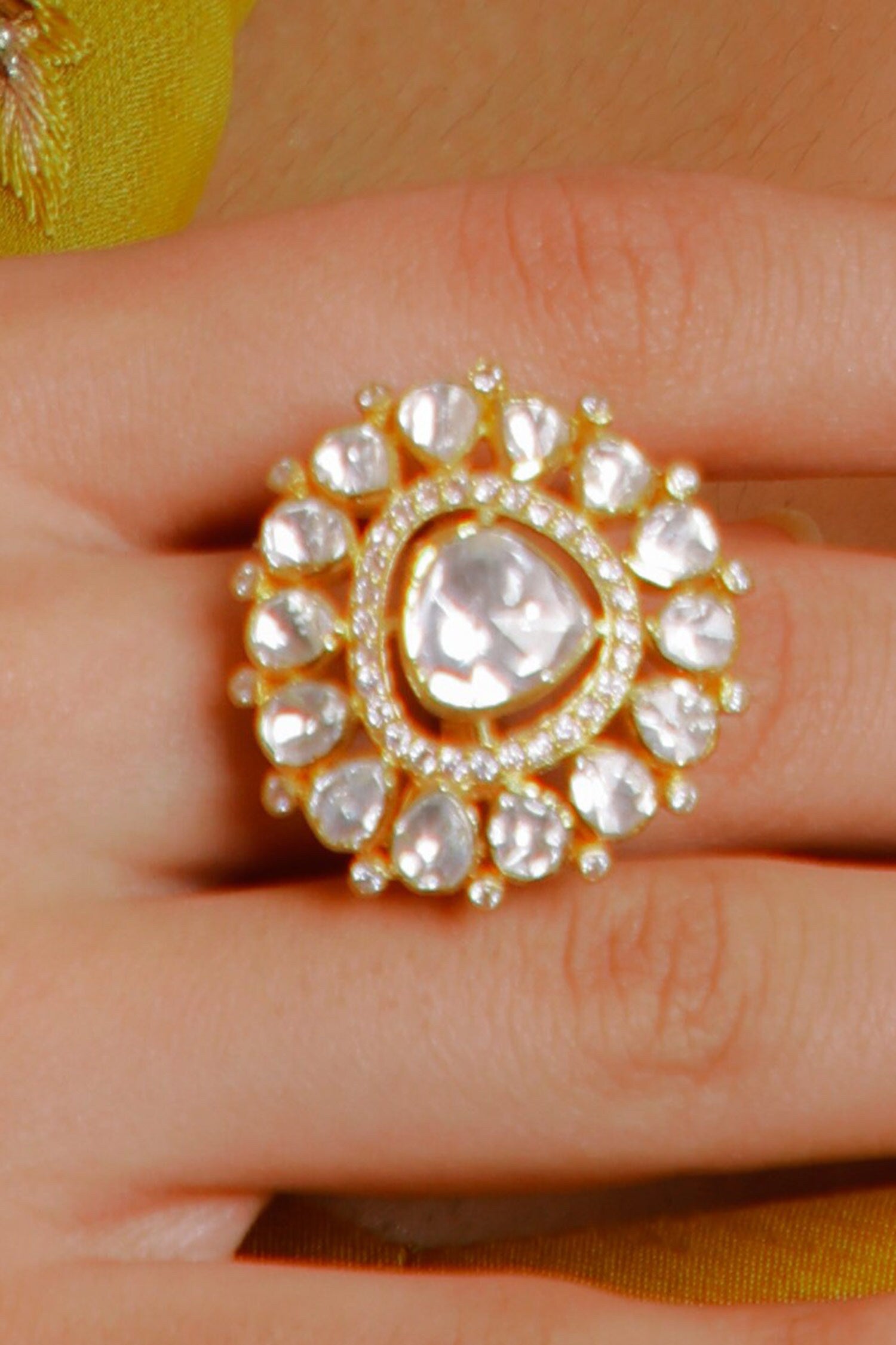 Moissanite Polki Embellished Triangular Motif Ring 
