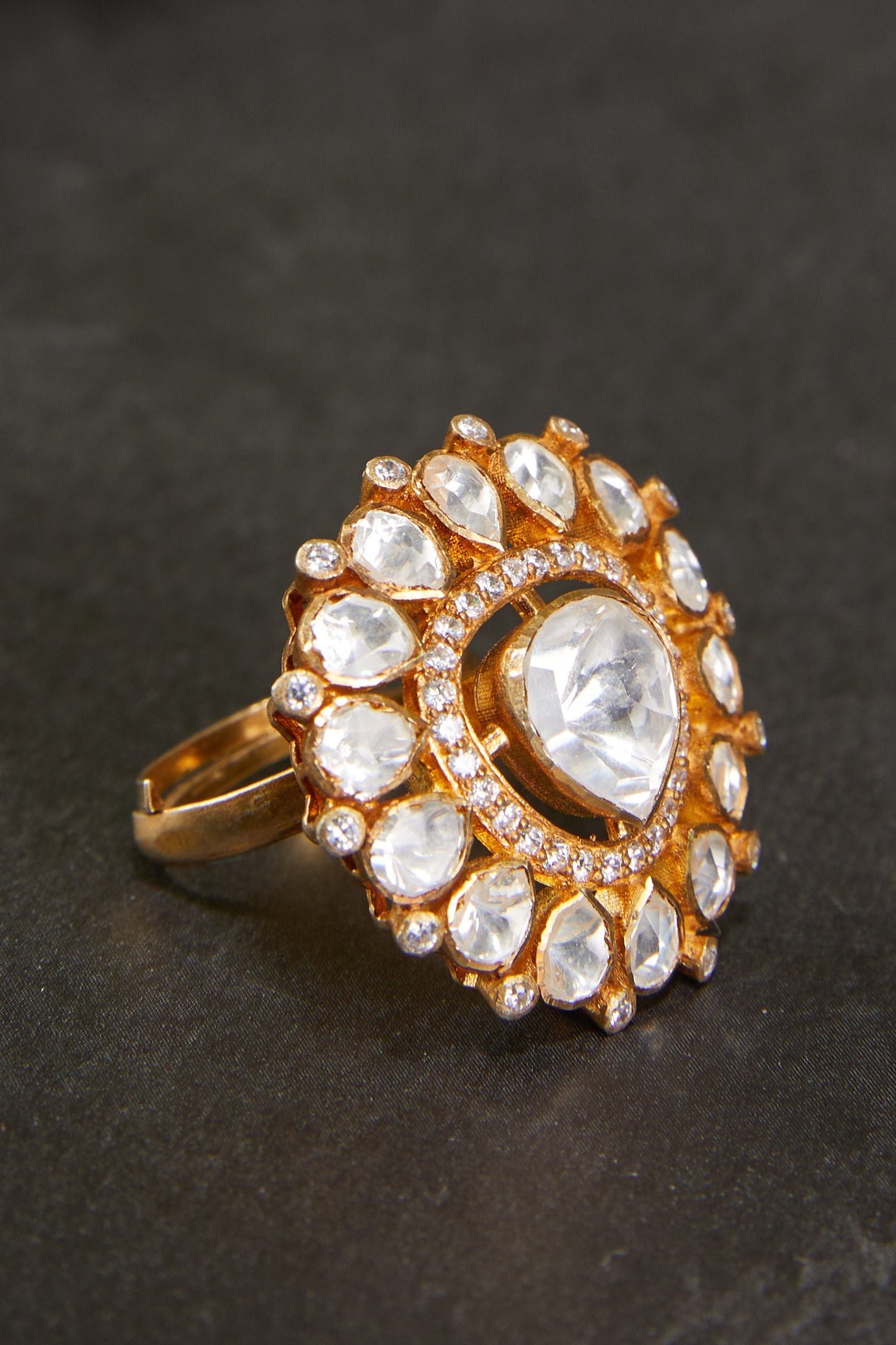 Moissanite Polki Embellished Triangular Motif Ring 