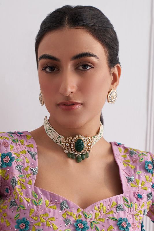 Zeenat Carved Stone Polki Embellished Choker 
