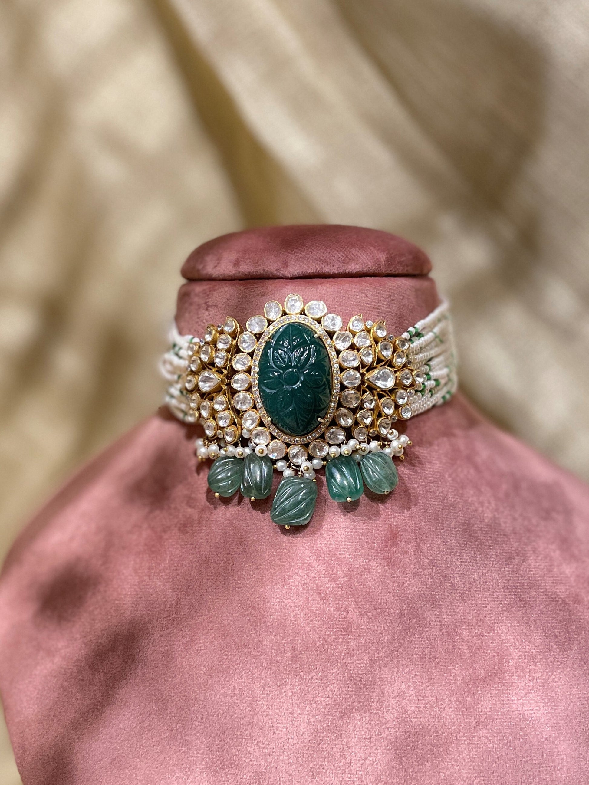 Zeenat Carved Stone Polki Embellished Choker 