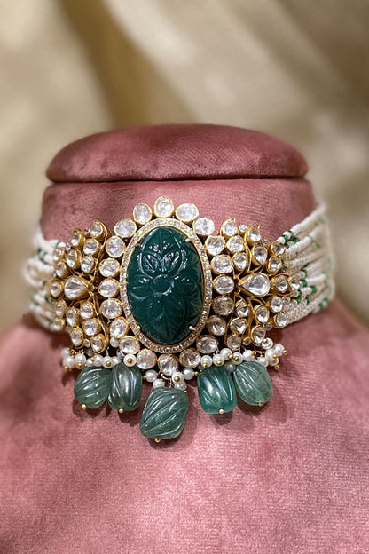 Zeenat Carved Stone Polki Embellished Choker 