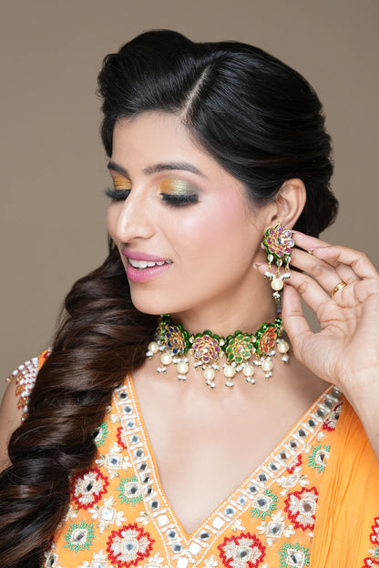 Navratan Kundan Embellished Floral Choker Necklace Set 