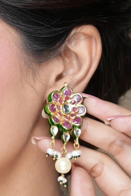Navratan Kundan Embellished Floral Choker Necklace Set 