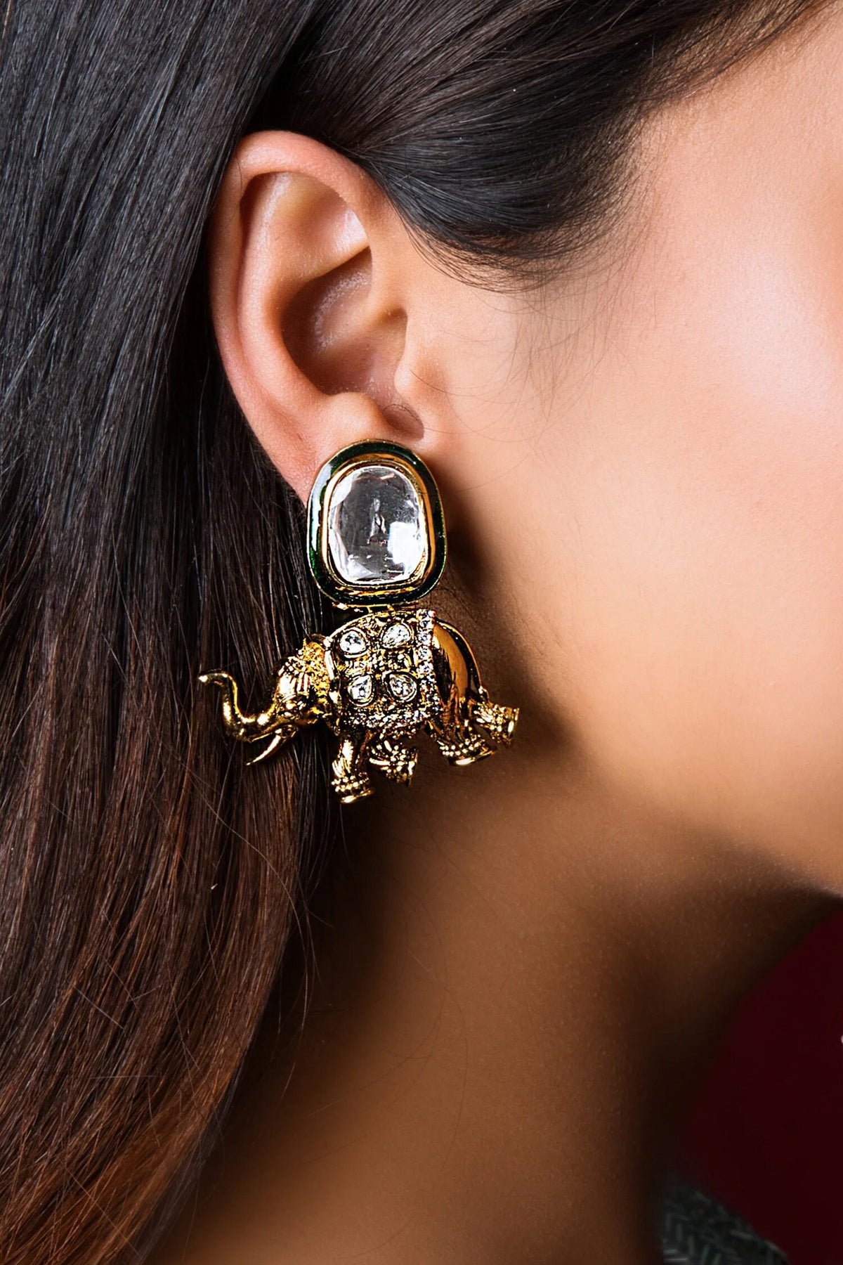 Kundan Elephant Carved Earrings 