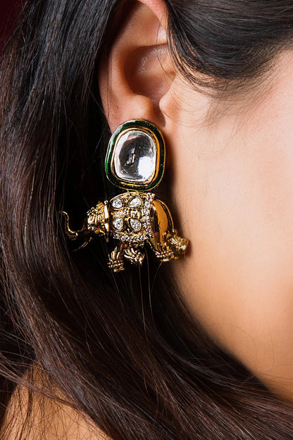 Kundan Elephant Carved Earrings 