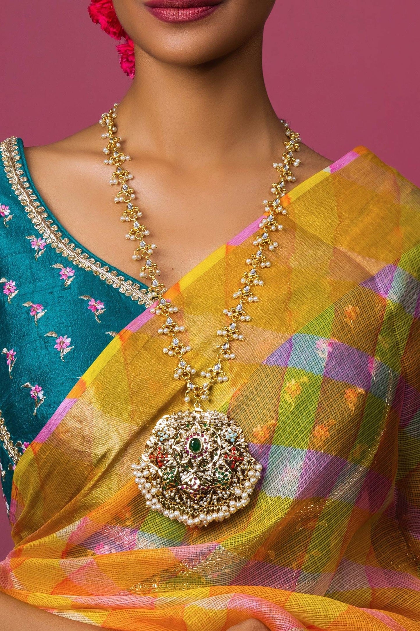 Navratan Jadau Stone Embellished Pendant Necklace 