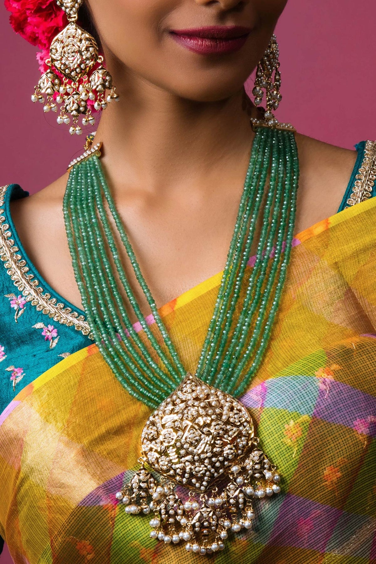 Elegant Jadau Stone Embellished Pendant Necklace Set 