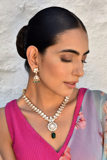 Polki Embellished Bead Drop Necklace Set 