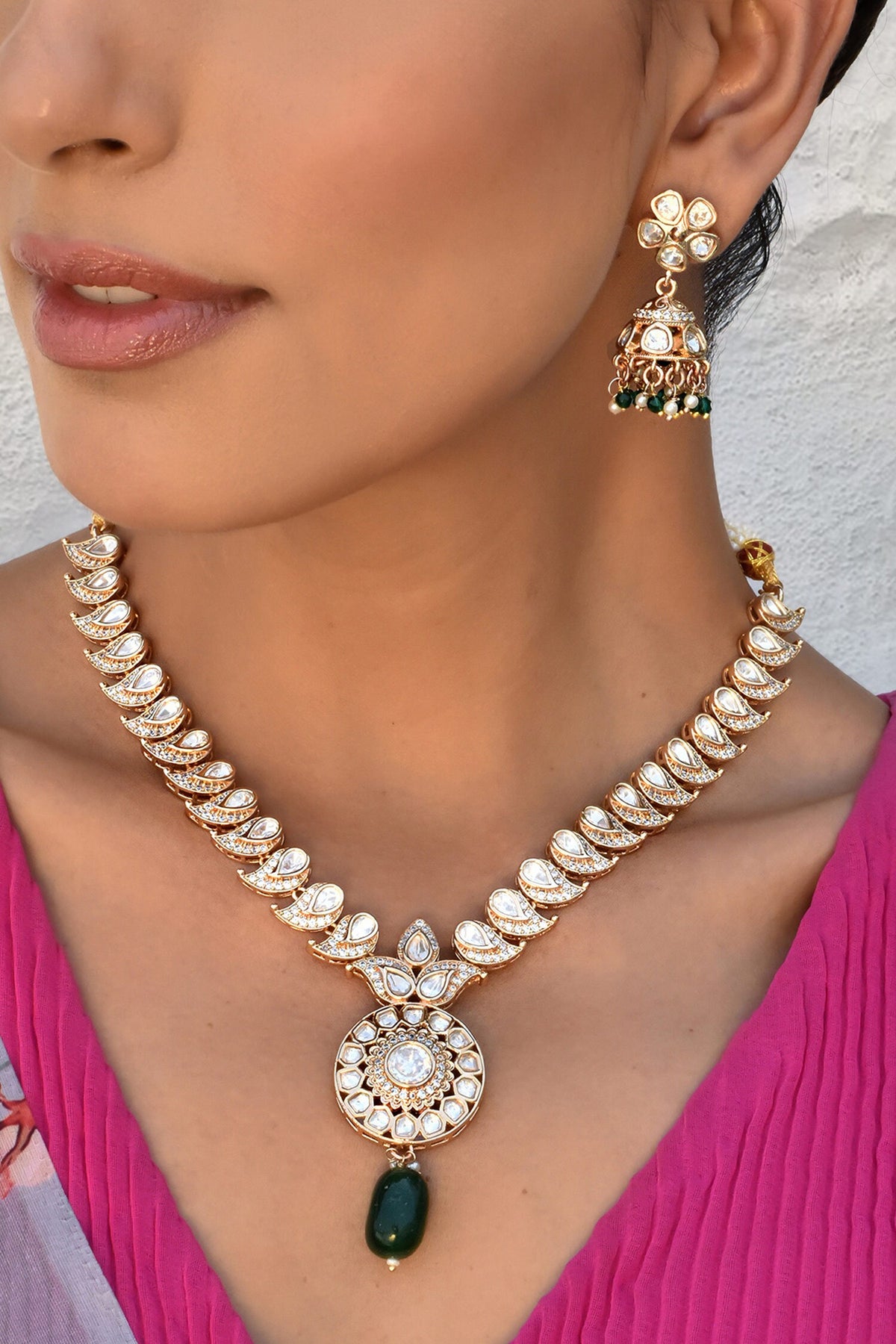 Polki Embellished Bead Drop Necklace Set 