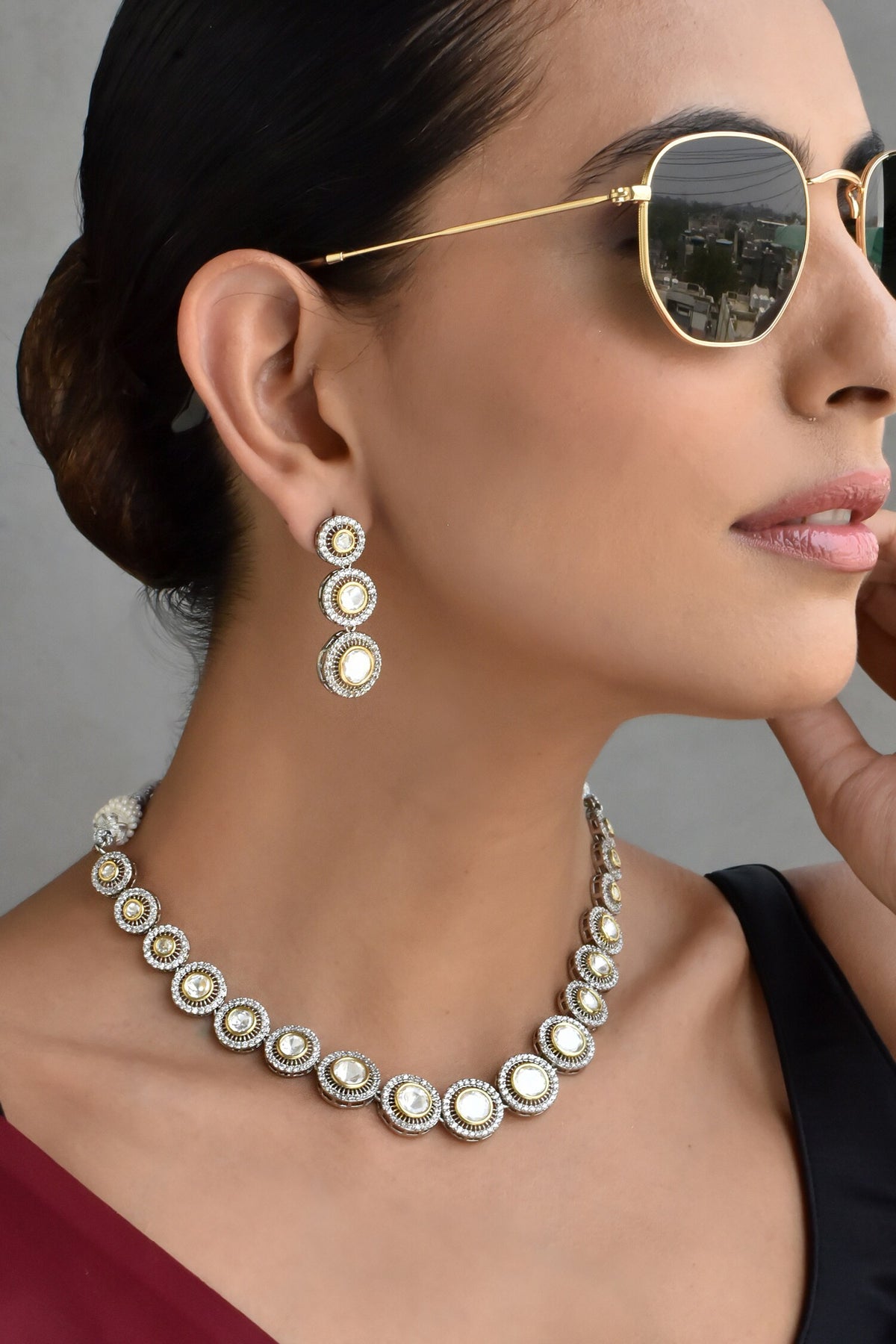 Polki Round Unit Embellished Necklace Set 