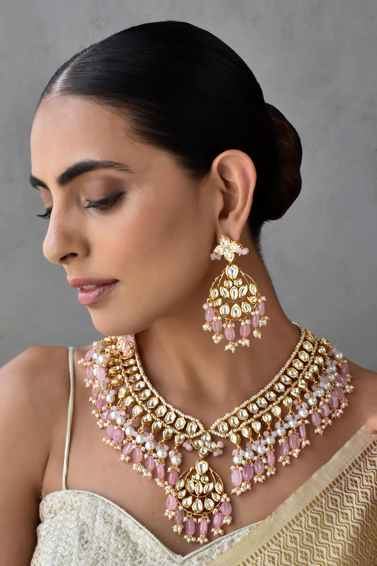 Kundan Embellished Bead Drop Necklace Set 