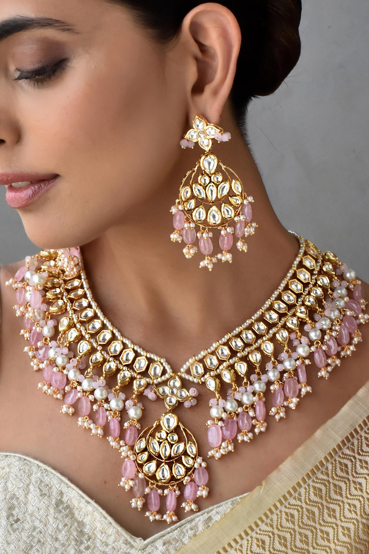 Kundan Embellished Bead Drop Necklace Set 