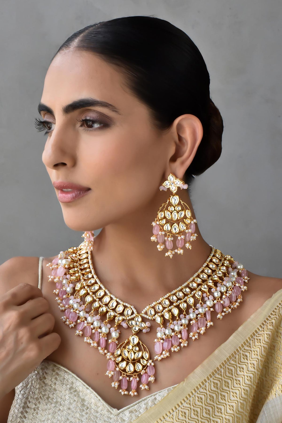 Kundan Embellished Bead Drop Necklace Set 