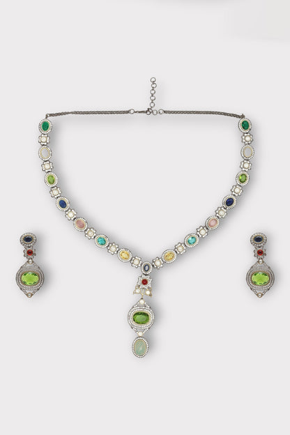 Evoke Floral Stone Studded Long Necklace Set 