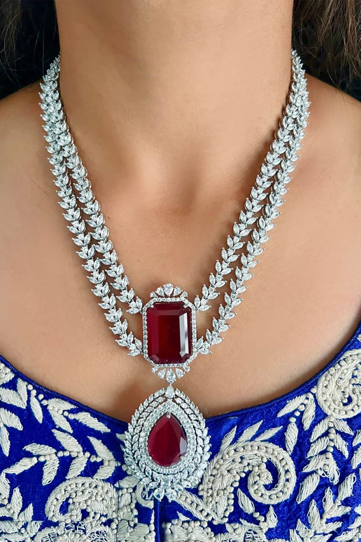 Double Layer Ruby Embellished Necklace Set 