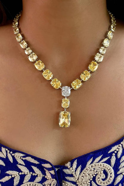 Citrine Square Drop Diamante Necklace Set 
