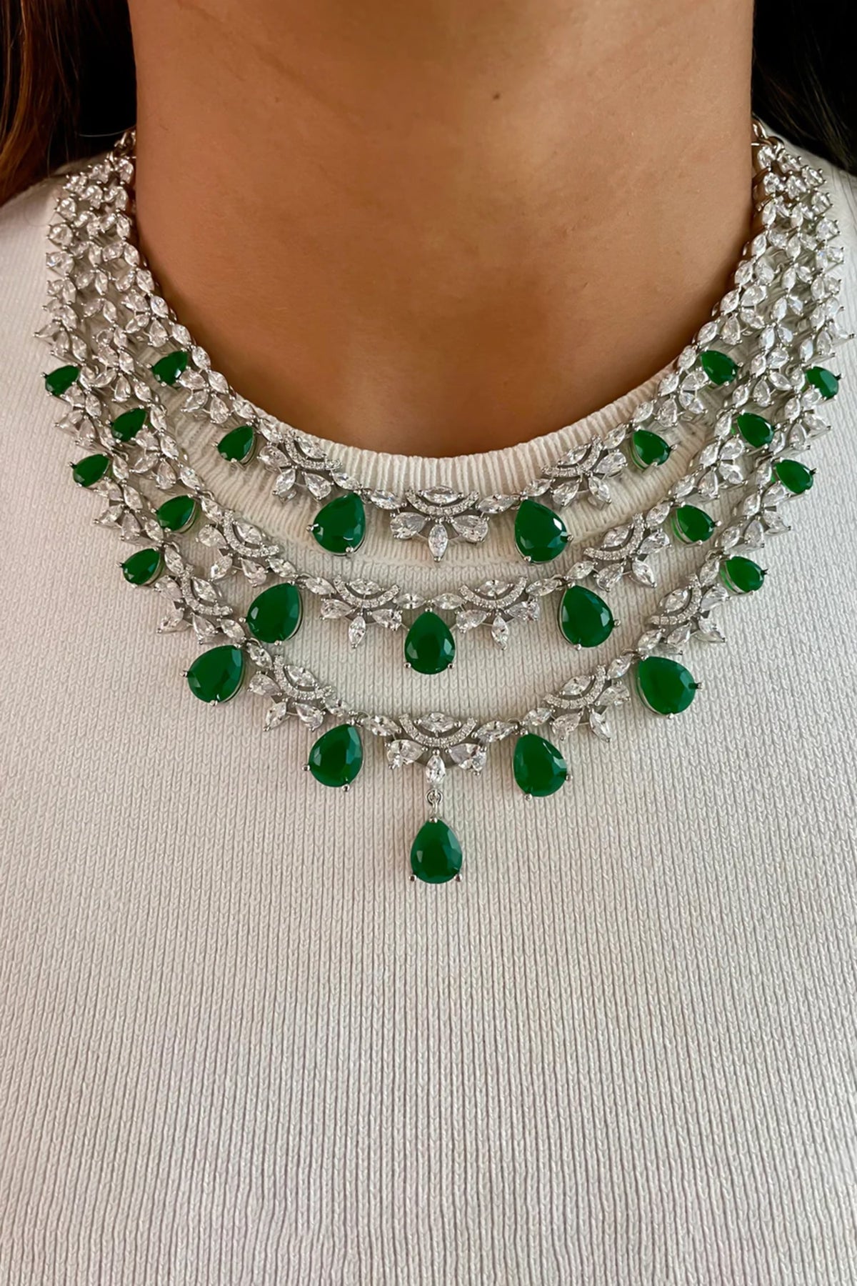 Emerald Drop Studded Layered Necklace Set 