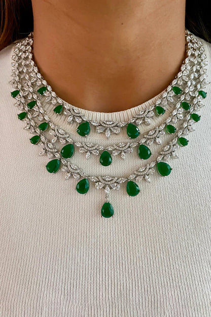 Emerald Drop Studded Layered Necklace Set 