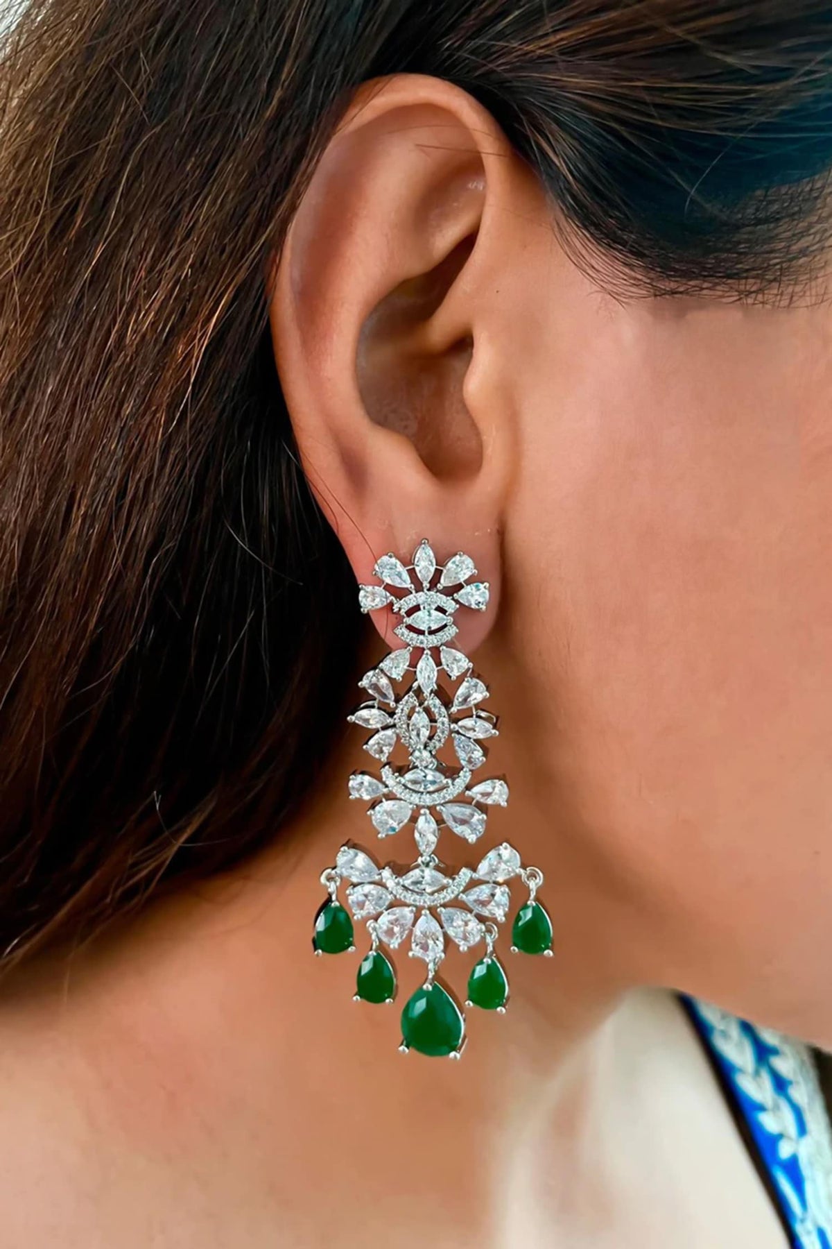 Emerald Drop Studded Layered Necklace Set 