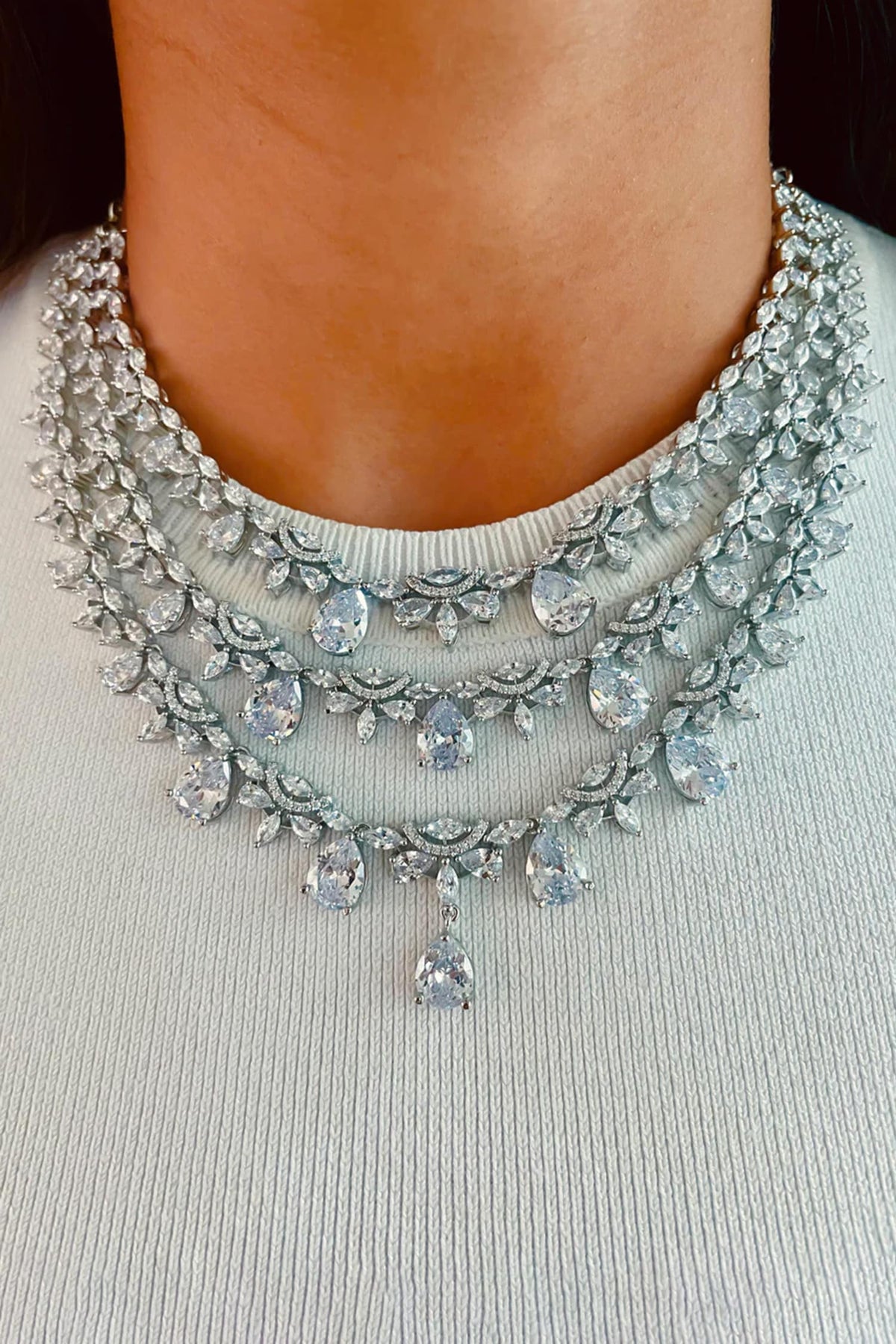 Floret Drop Studded Layered Necklace Set 