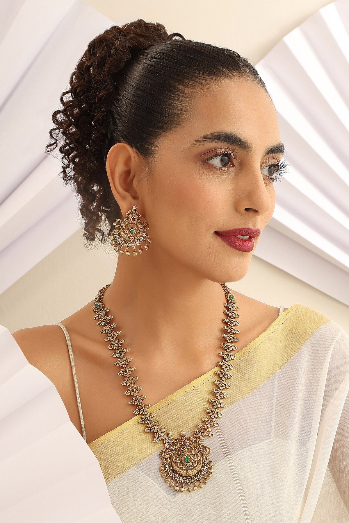 Floral Stone Studded Long Necklace Set 