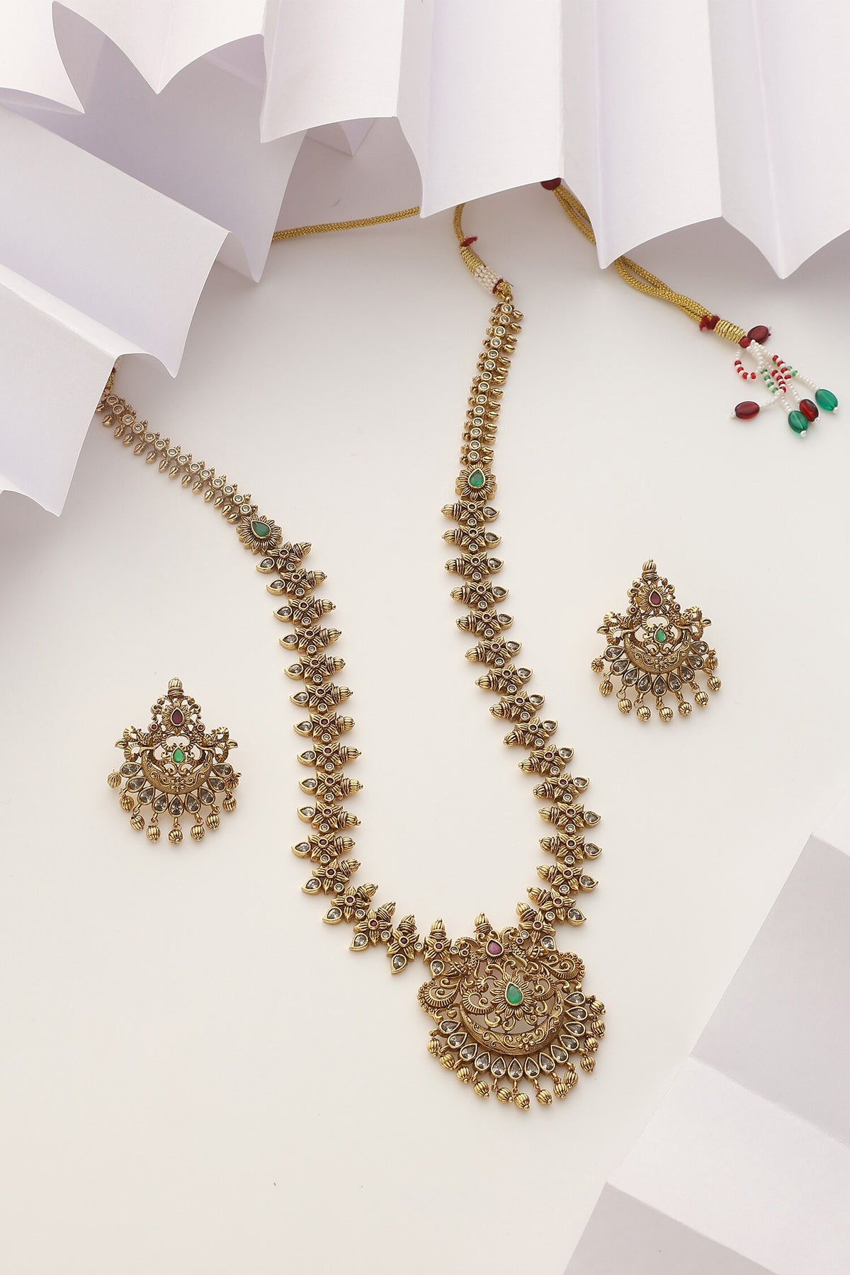 Floral Stone Studded Long Necklace Set 
