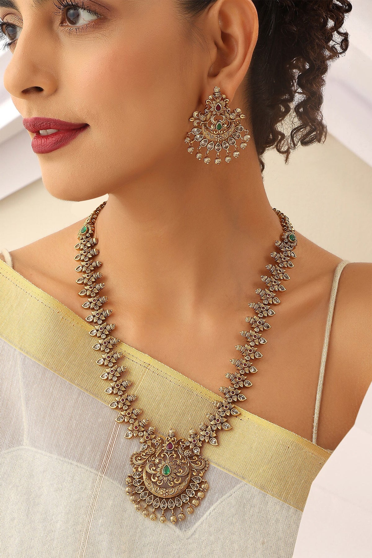 Floral Stone Studded Long Necklace Set 