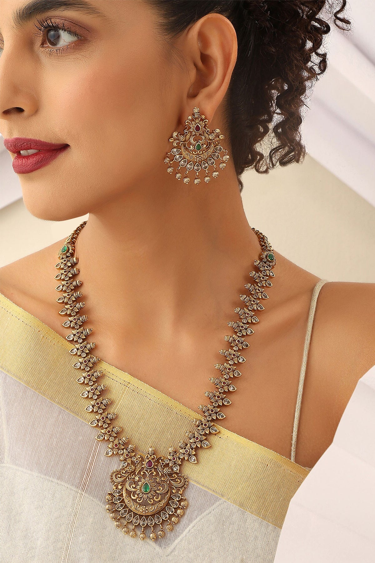 Floral Stone Studded Long Necklace Set 