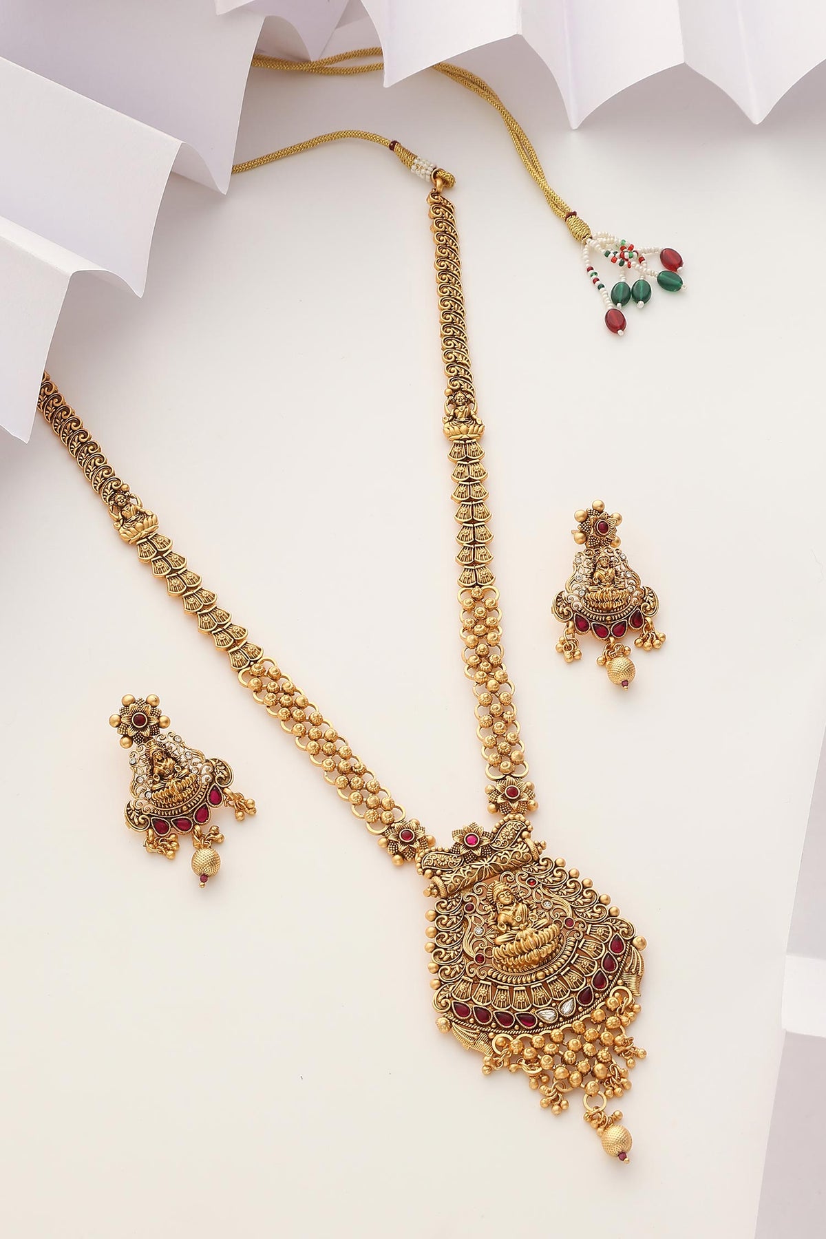 Goddess Carved Motif Long Temple Necklace Set 