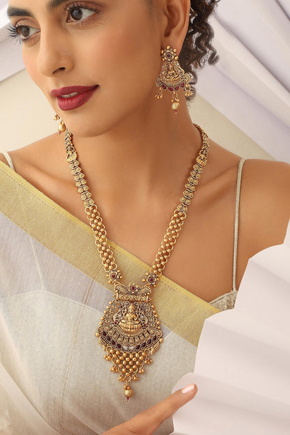 Goddess Carved Motif Long Temple Necklace Set 