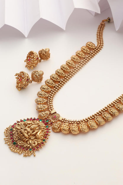 Goddess Carved Long Temple Necklace Set 