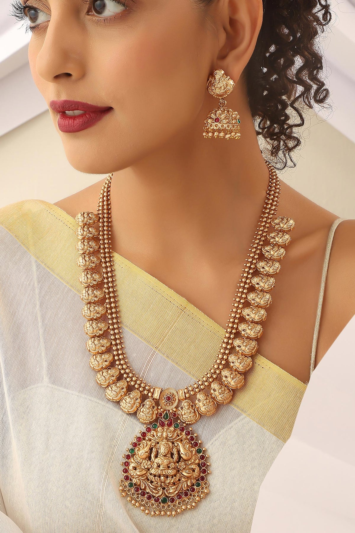 Goddess Carved Long Temple Necklace Set 