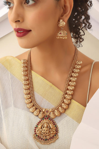Goddess Carved Long Temple Necklace Set 