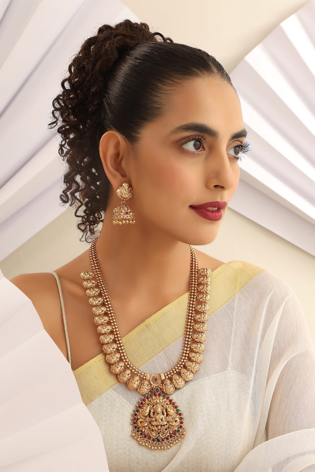 Goddess Carved Long Temple Necklace Set 