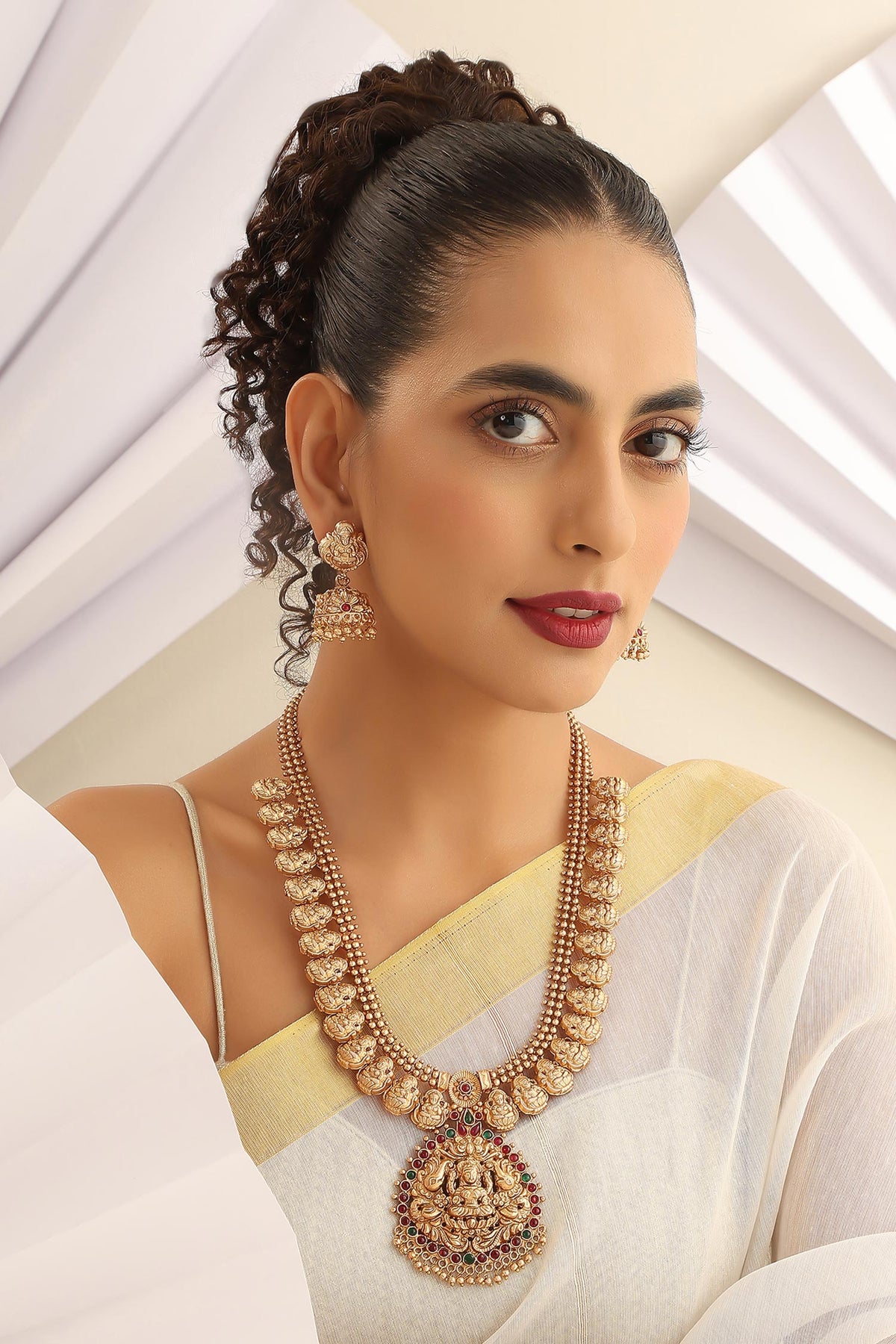 Goddess Carved Long Temple Necklace Set 