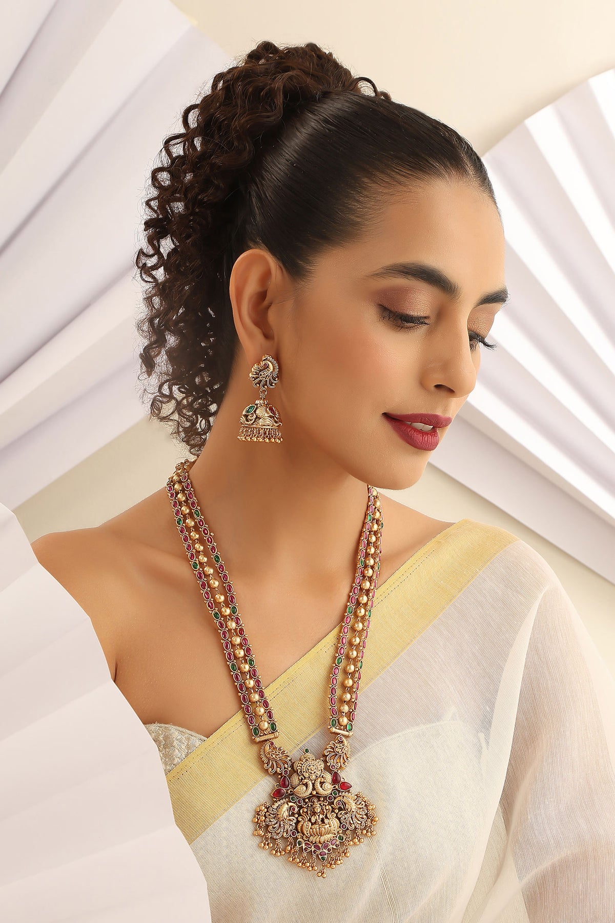 Temple Carved Long Necklace Set 
