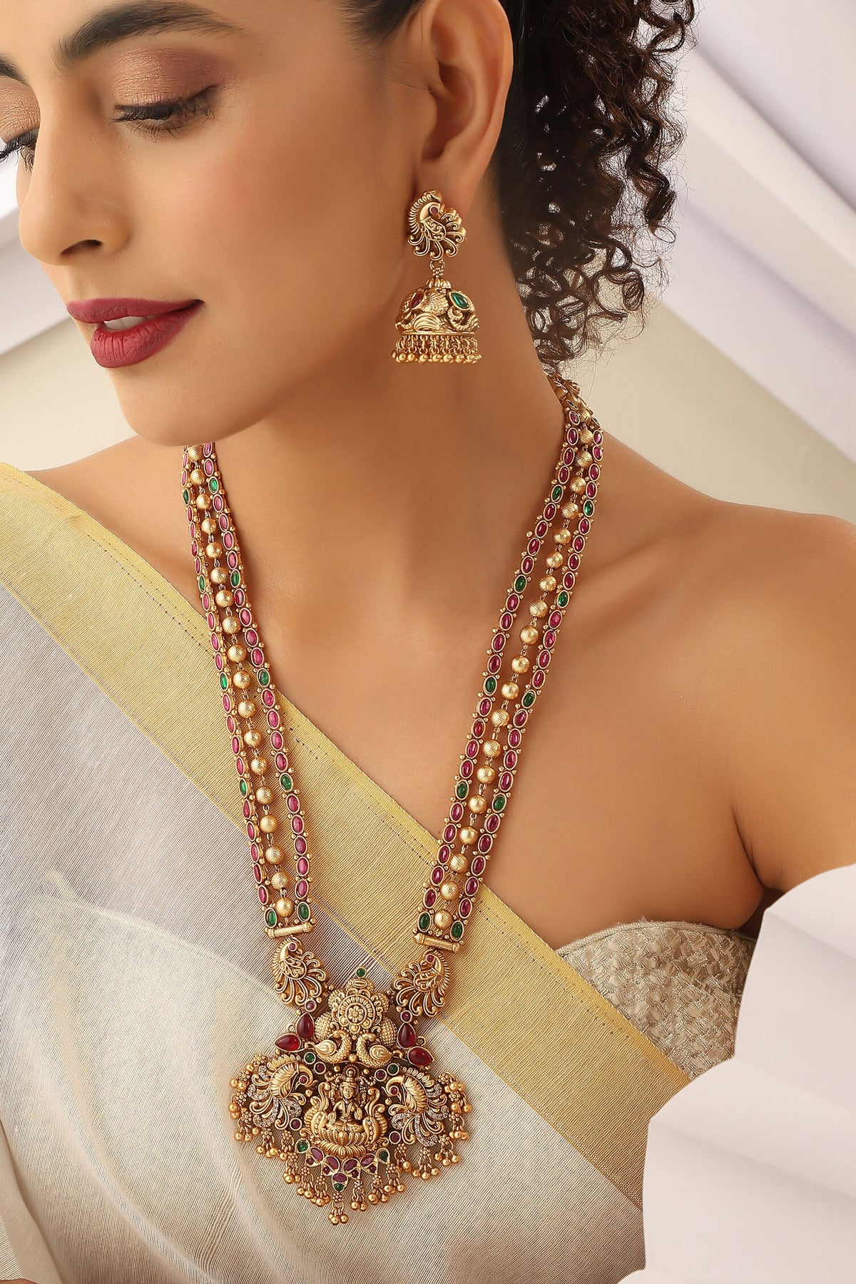 Temple Carved Long Necklace Set 