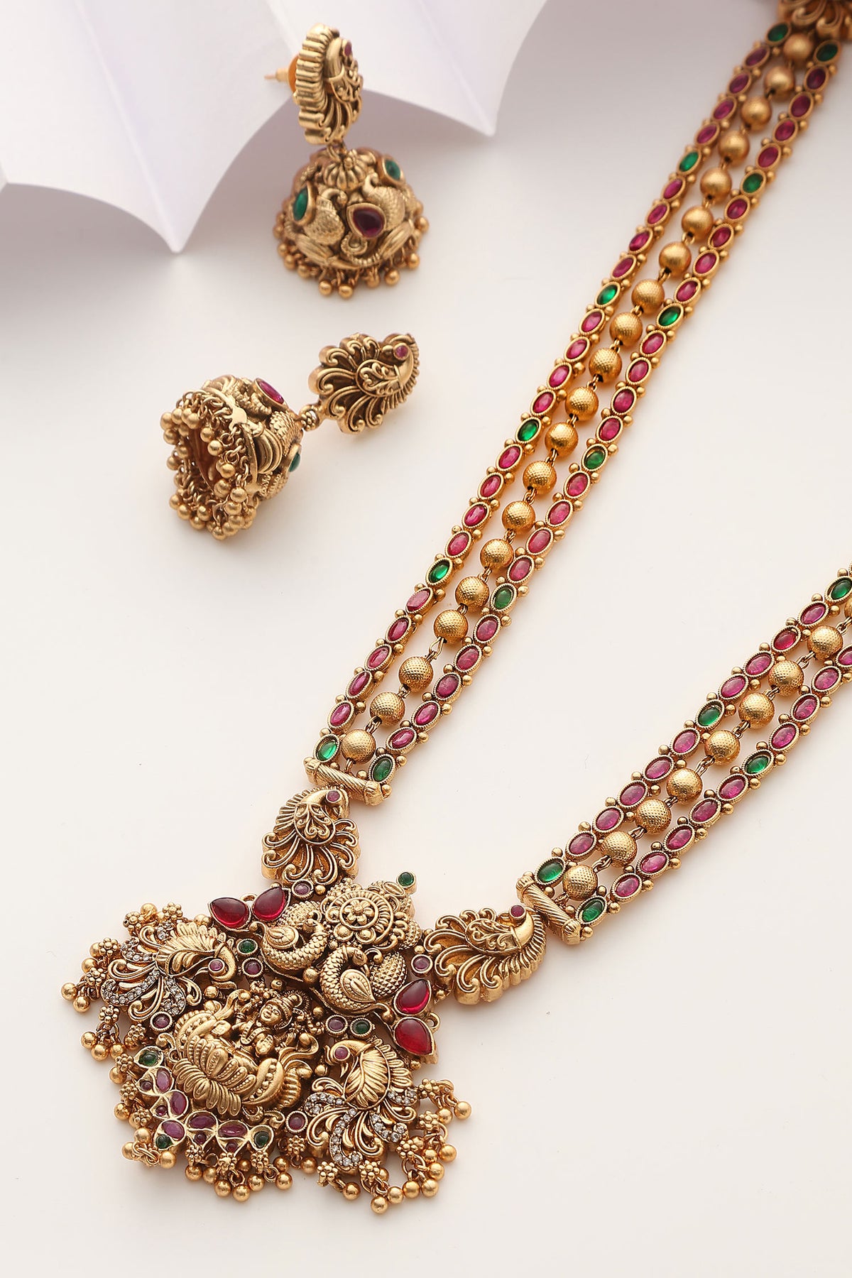 Temple Carved Long Necklace Set 