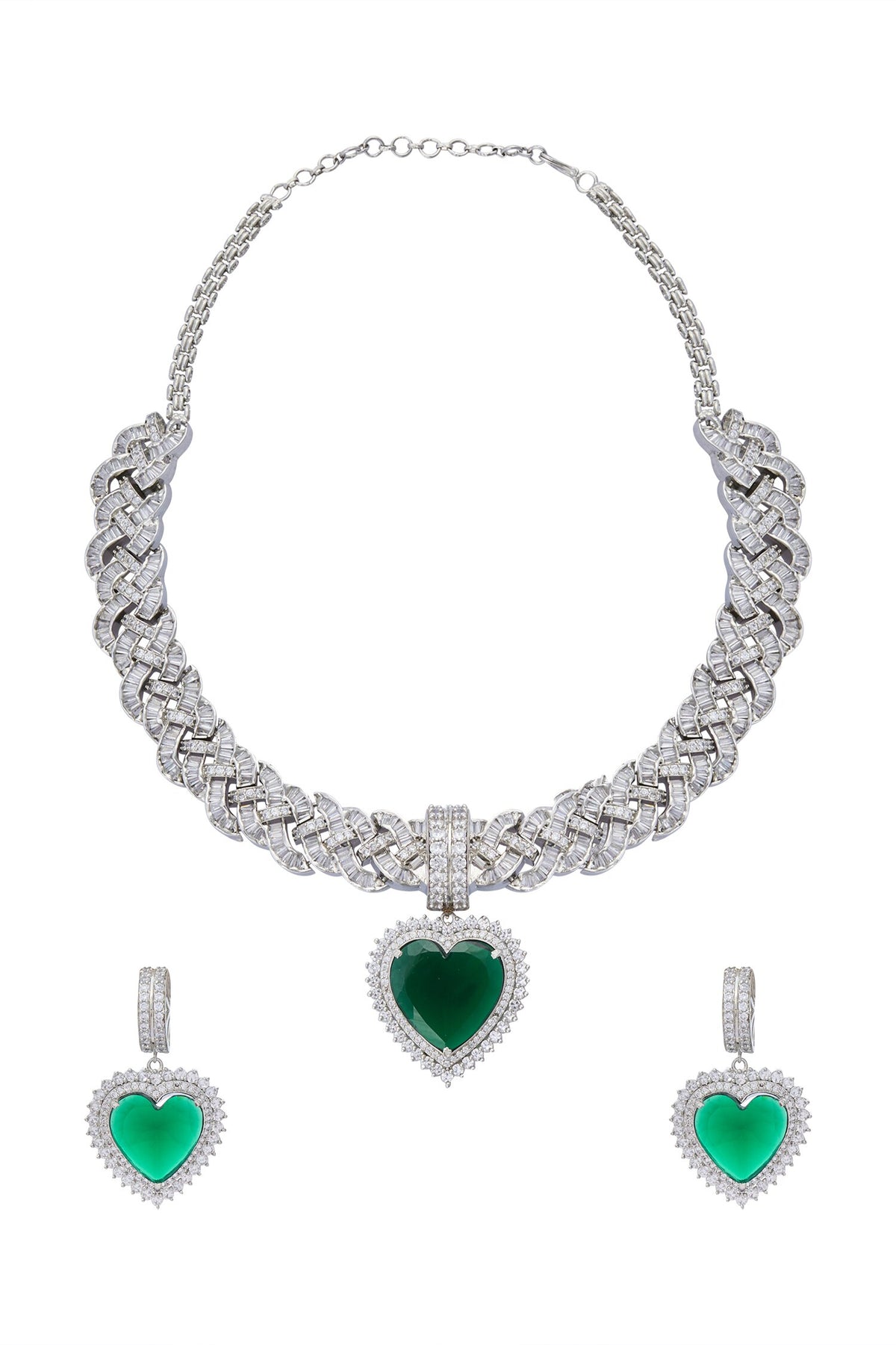 Zircon & Emerald Stone Embellished Necklace Set 