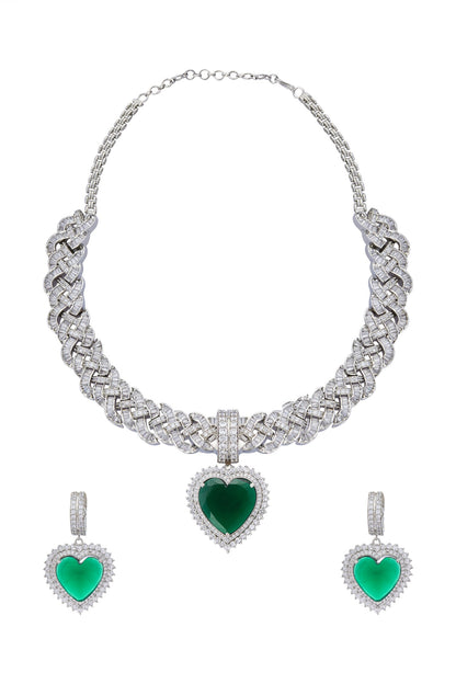 Zircon & Emerald Stone Embellished Necklace Set 