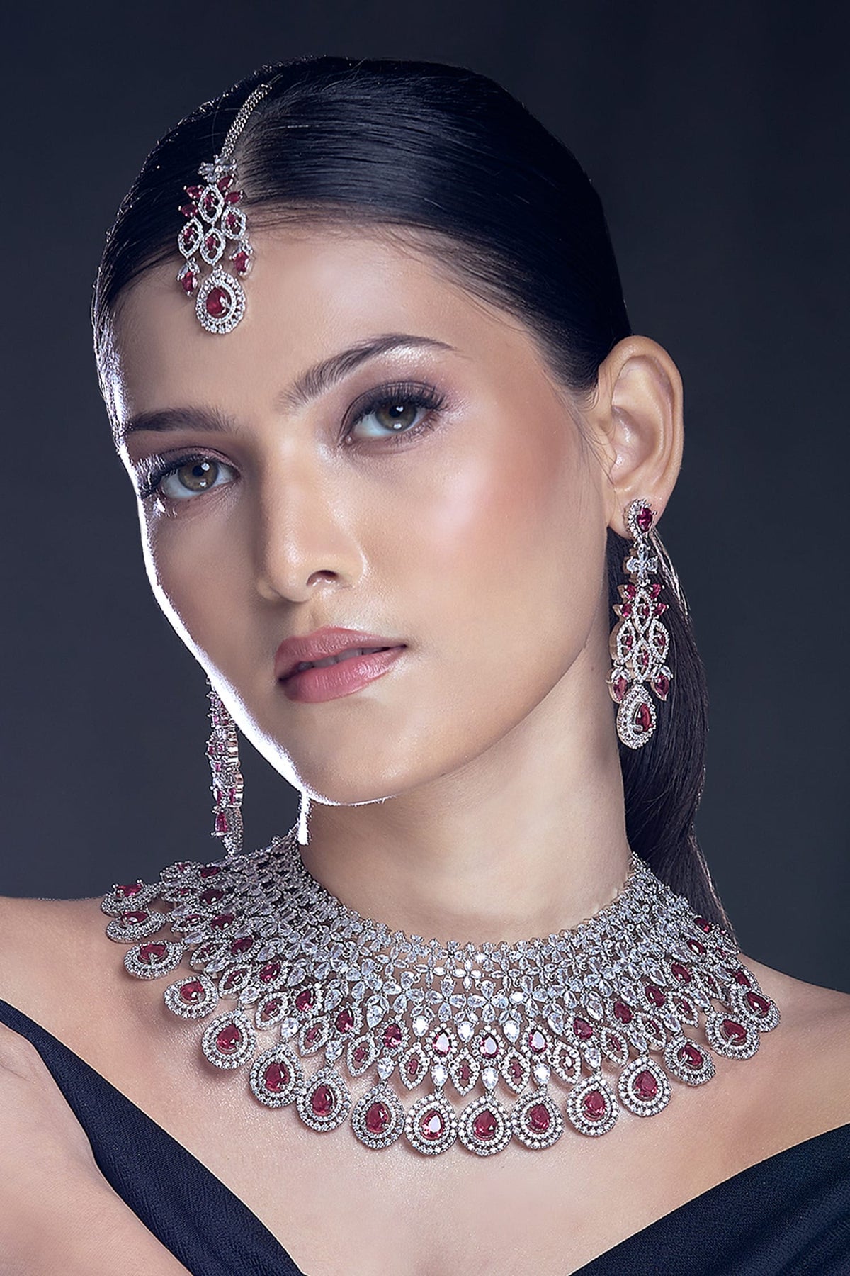 Ruby Stone Cutwork Embellished Jewellery Set 